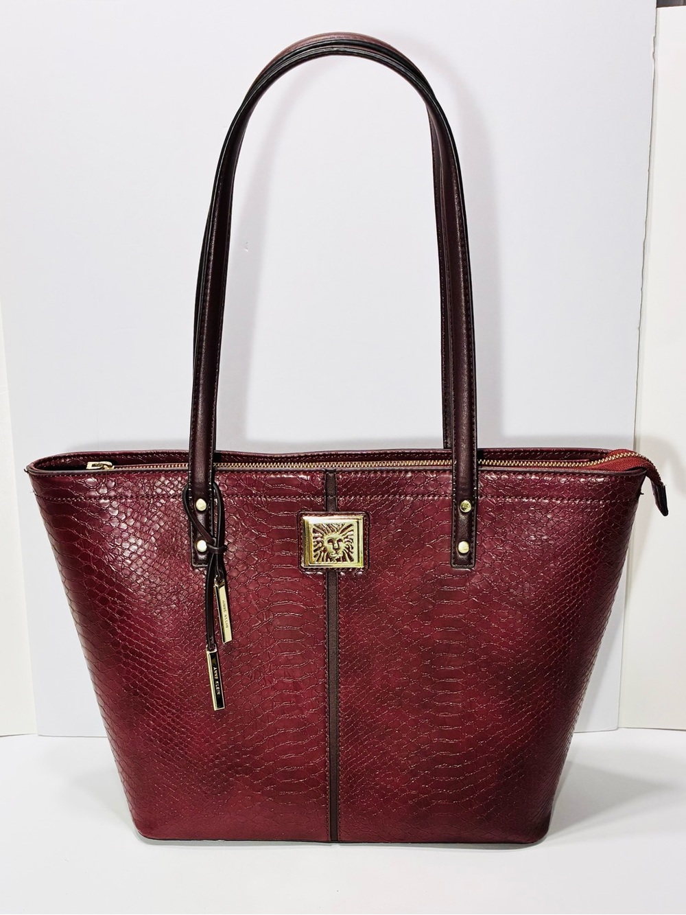 Anne Klein Burgundy Snake Embossed Zip Top Tote Bag Gold Hardware 12x11